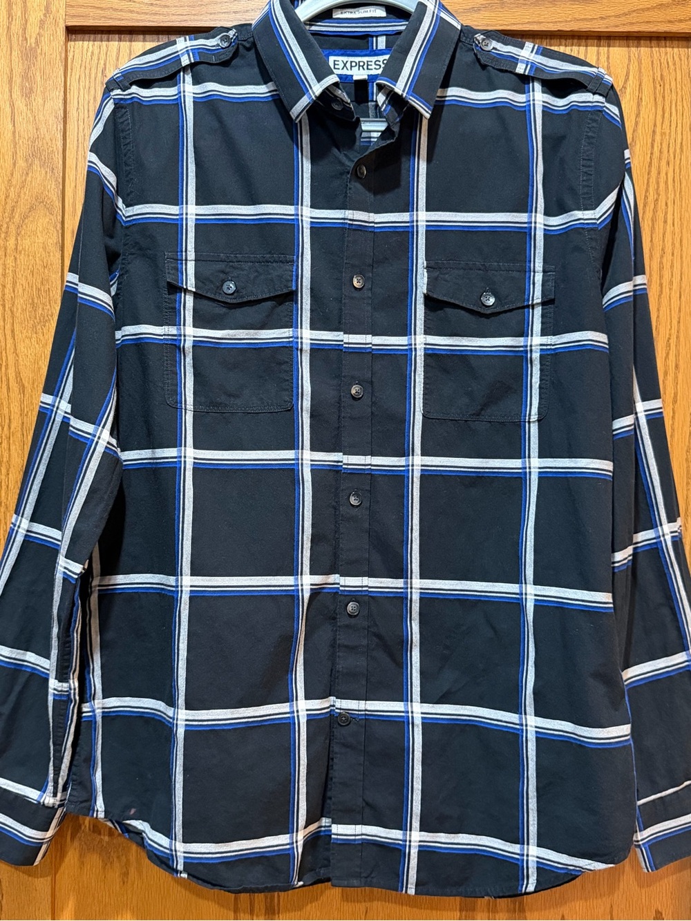 Express Black Plaid Button-Down Shirt with Blue and White Stripes